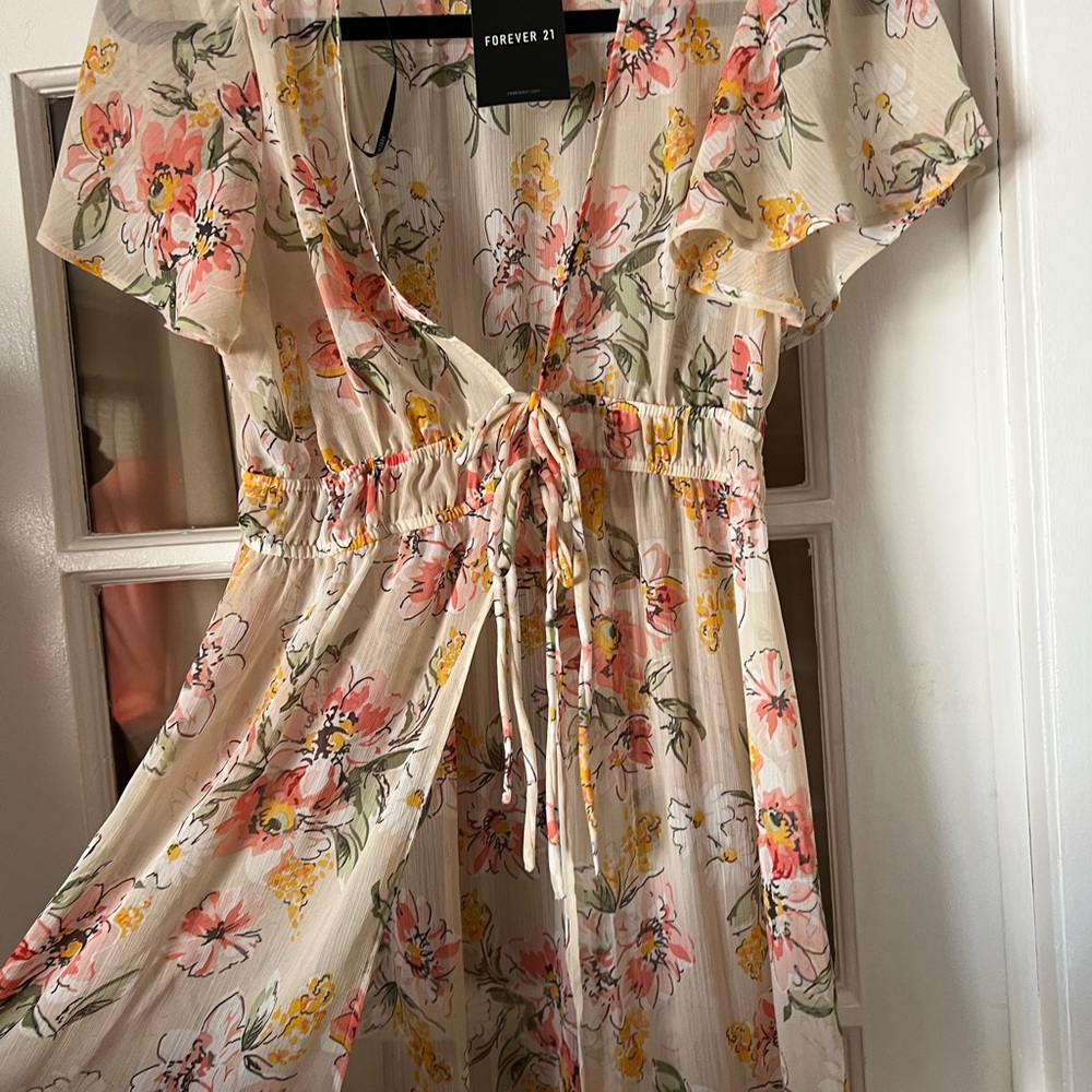 Forever 21 Cream Floral Wrap Tunic with Pink and Yellow Flowers